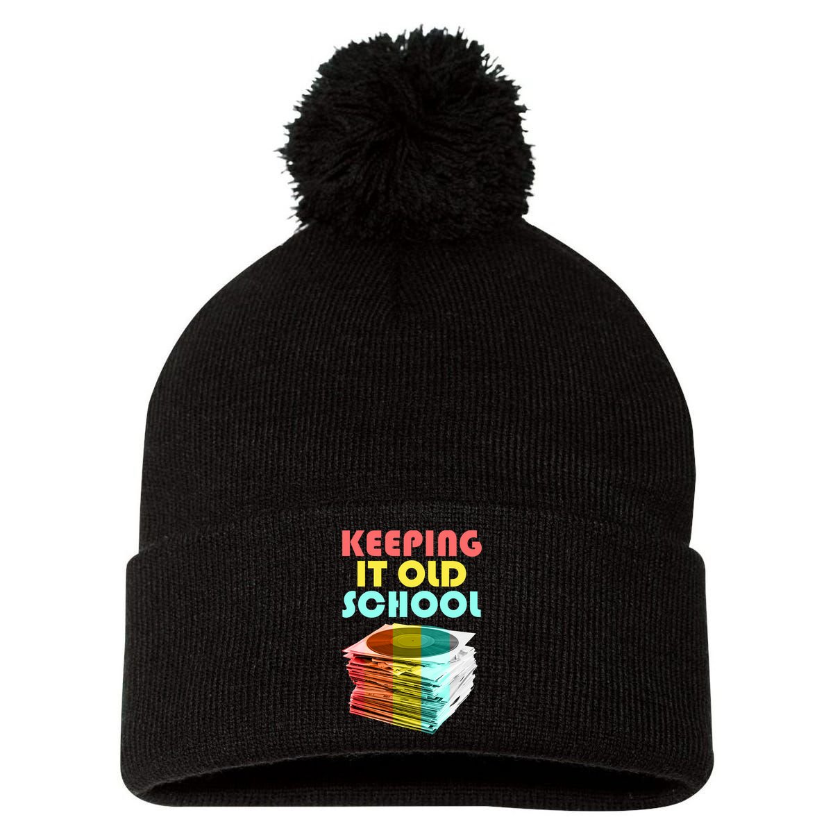 Keeping It Old School Vintage Records Pom Pom 12in Knit Beanie