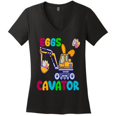 kid EggsCavator Happy Easter Funny Excavator Hunting Egg kid Women's V-Neck T-Shirt