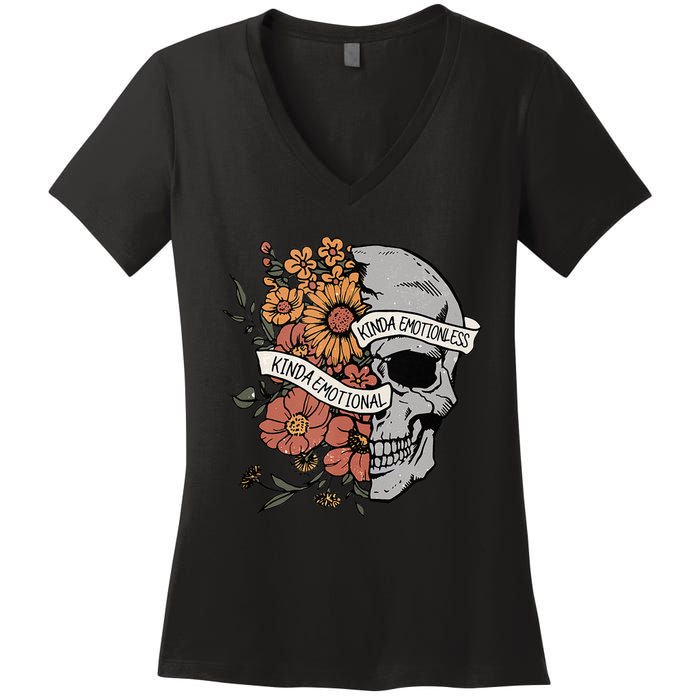 Kinda Emotional Kinda Emotionless Goth Emo Floral Skull Women's V-Neck T-Shirt