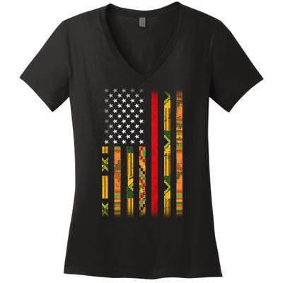 Kente US African American Flag Women's V-Neck T-Shirt