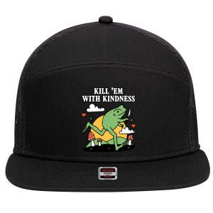 Kill Em With Kindness Retro Funny Frog 7 Panel Mesh Trucker Snapback Hat