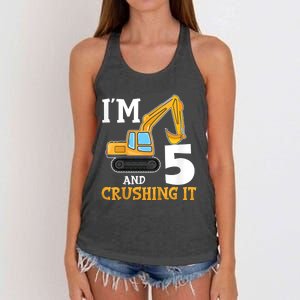 K.i.d.s Five 5yr 5th Birthday Digger Boy Construction 5 Years Old Women's Knotted Racerback Tank