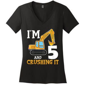 K.i.d.s Five 5yr 5th Birthday Digger Boy Construction 5 Years Old Women's V-Neck T-Shirt