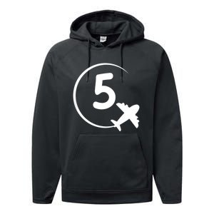 K.i.d.s Five 5 year old birthday Airplane shirt. Boy 5th birthday Performance Fleece Hoodie