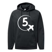 K.i.d.s Five 5 year old birthday Airplane shirt. Boy 5th birthday Performance Fleece Hoodie