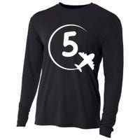 K.i.d.s Five 5 year old birthday Airplane shirt. Boy 5th birthday Cooling Performance Long Sleeve Crew