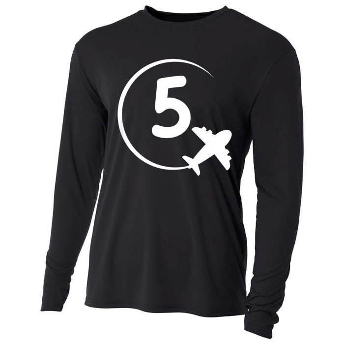 K.i.d.s Five 5 year old birthday Airplane shirt. Boy 5th birthday Cooling Performance Long Sleeve Crew