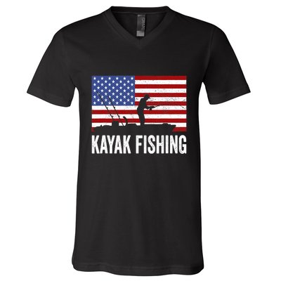 Kayaking Funny American Flag Angler Kayak Fishing V-Neck T-Shirt