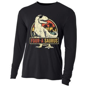 Kids Four A Saurus Birthday T Rex 4 Year Old Dino 4th Dinosaur Cooling Performance Long Sleeve Crew