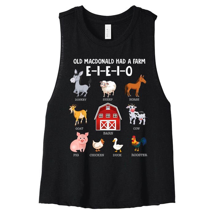 Kids Farm Animals Old MacDonald Had A Farm E I E I O Women's Racerback Cropped Tank