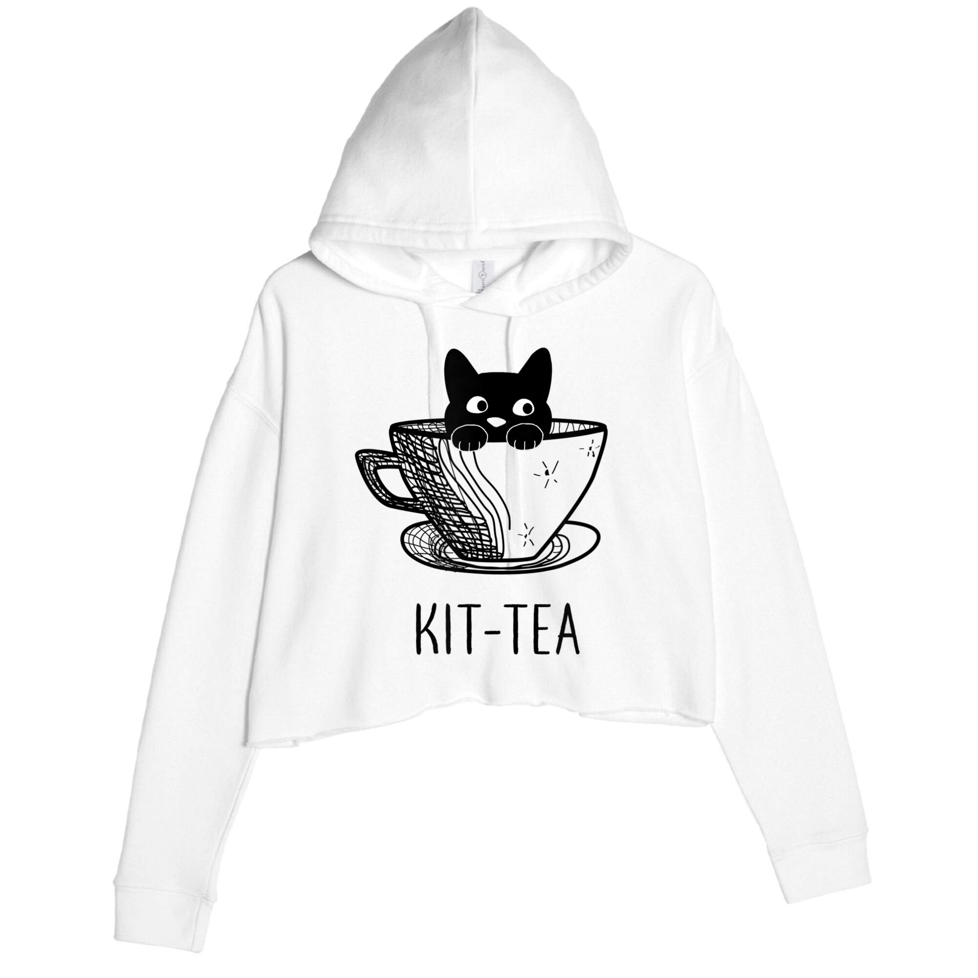 KitTea Funny Cat Lover Gift, Cute Black Cat Crop Fleece Hoodie