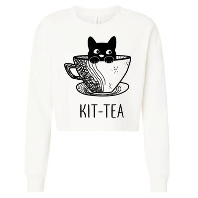 KitTea Funny Cat Lover Gift, Cute Black Cat Cropped Pullover Crew