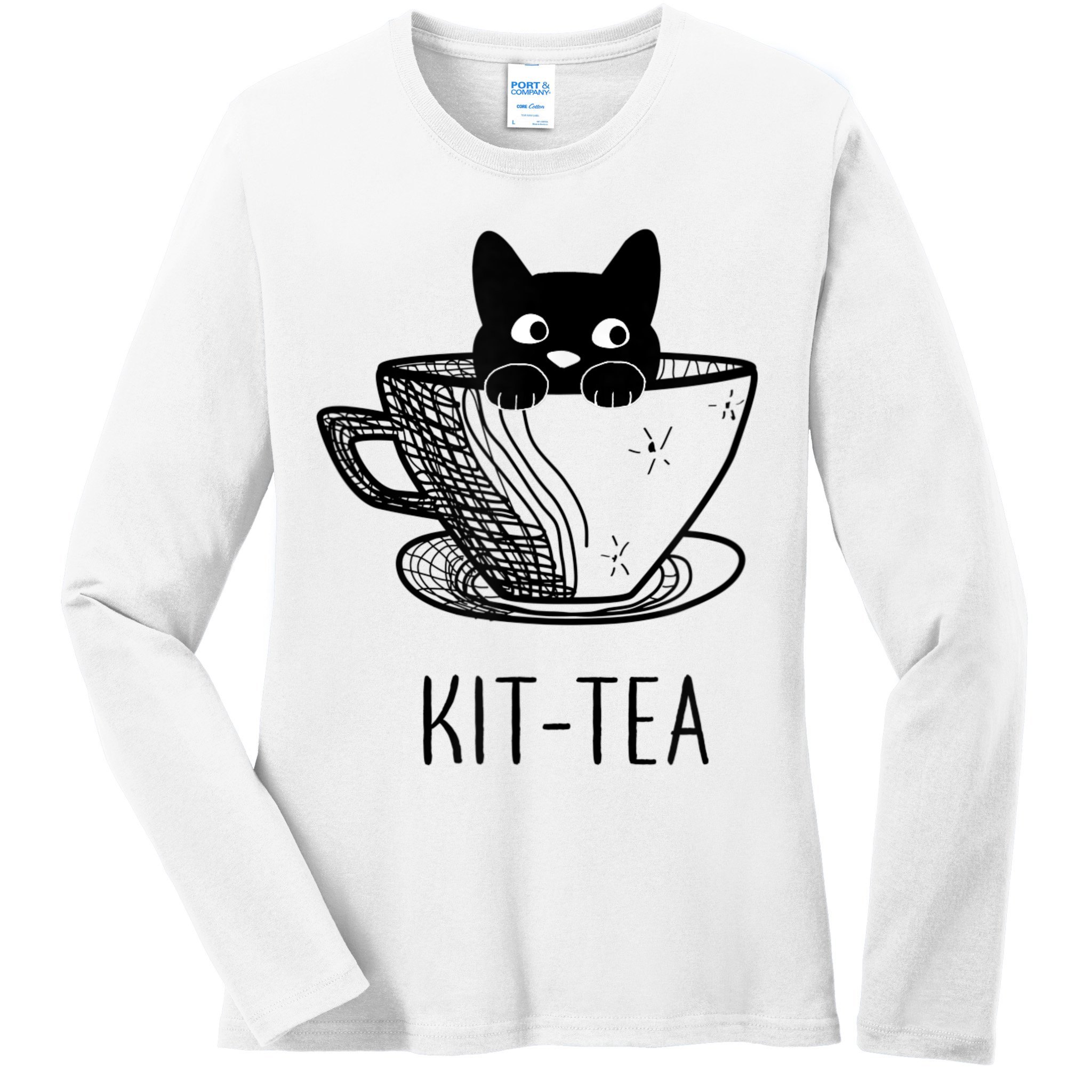 KitTea Funny Cat Lover Gift, Cute Black Cat Ladies Long Sleeve Shirt