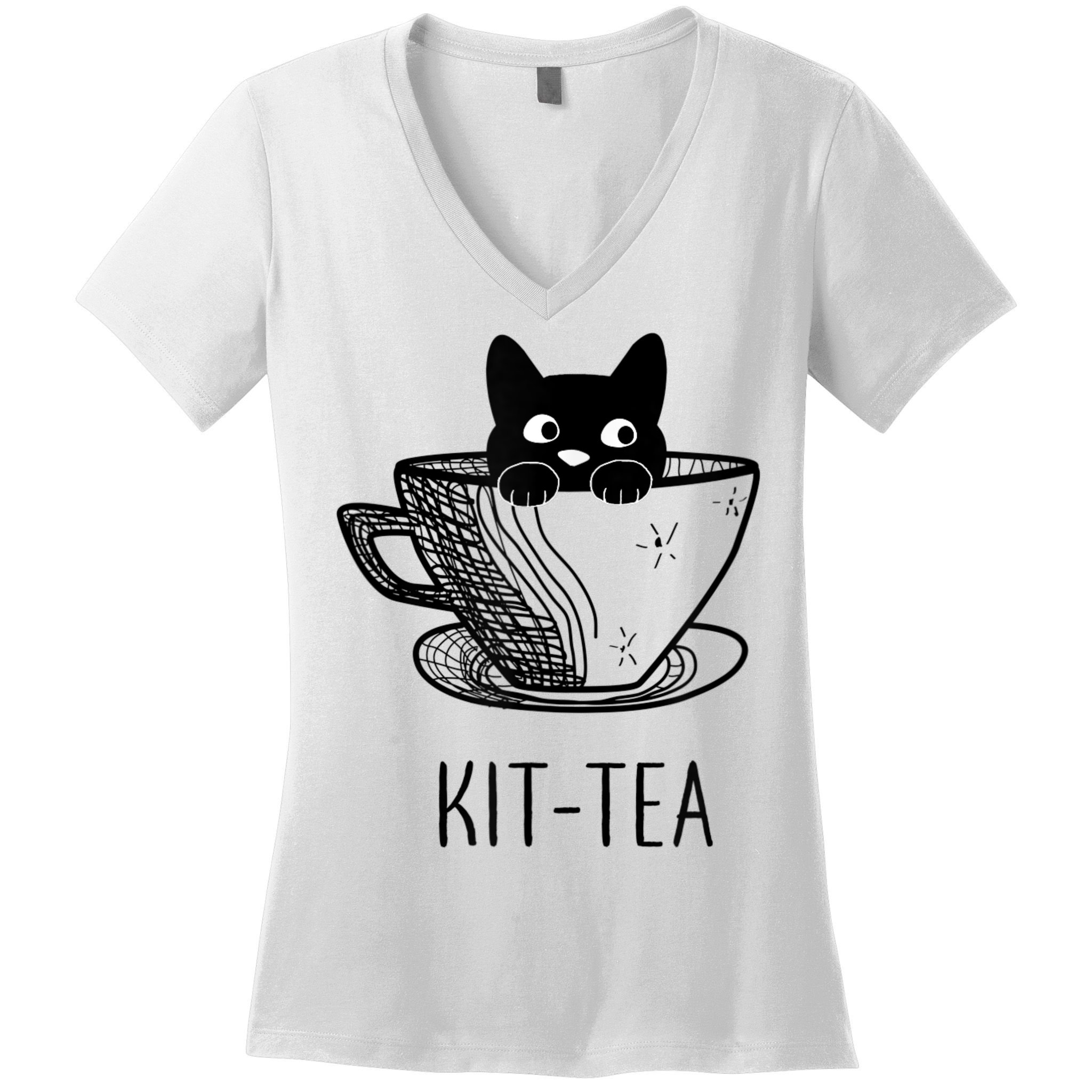 KitTea Funny Cat Lover Gift, Cute Black Cat Women's V-Neck T-Shirt