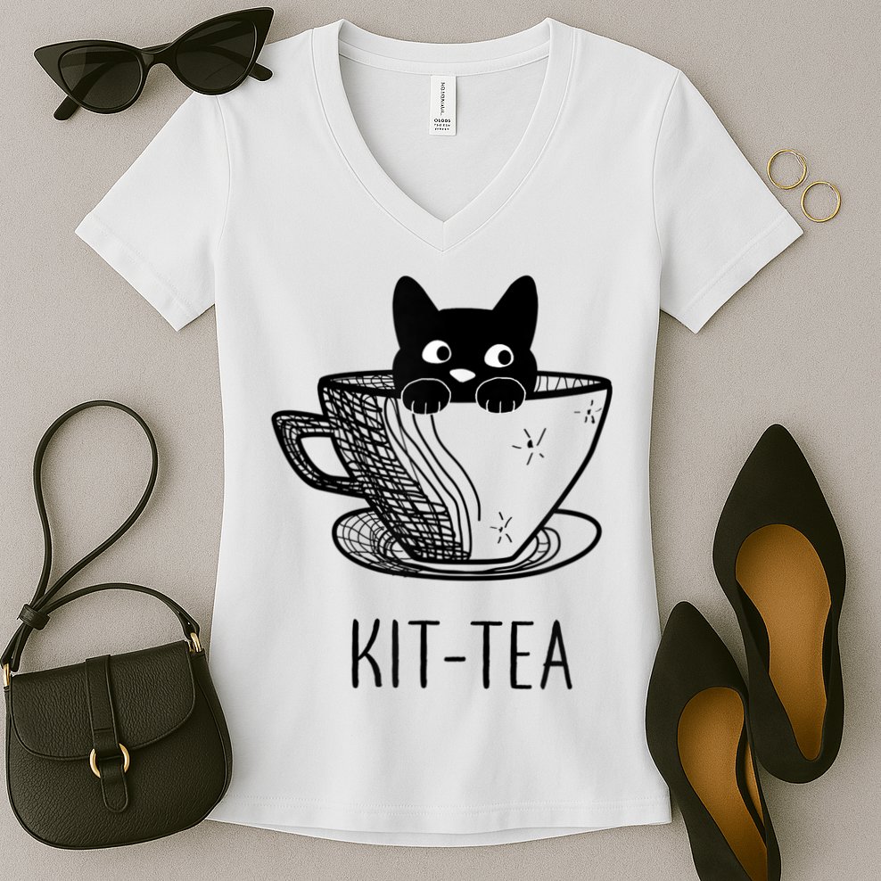 KitTea Funny Cat Lover Gift, Cute Black Cat Women's V-Neck T-Shirt