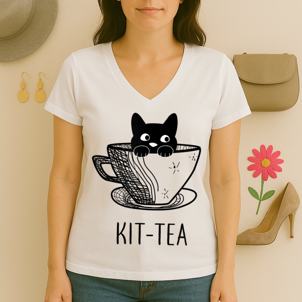KitTea Funny Cat Lover Gift, Cute Black Cat Women's V-Neck T-Shirt