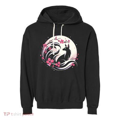 Kitsune Fox Cherry Blossom Flowers Japanese Nine Tailed Fox Garment-Dyed Fleece Hoodie