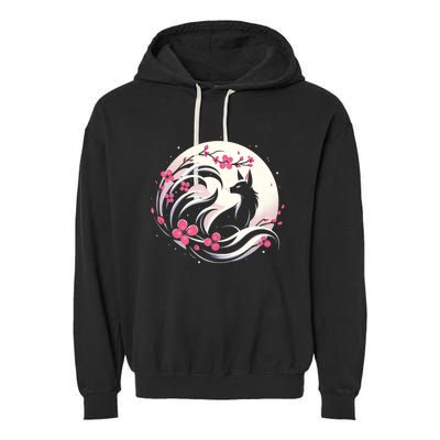 Kitsune Fox Cherry Blossom Flowers Japanese Nine Tailed Fox Garment-Dyed Fleece Hoodie