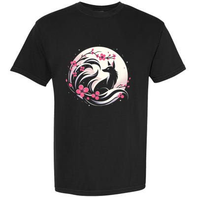 Kitsune Fox Cherry Blossom Flowers Japanese Nine Tailed Fox Garment-Dyed Heavyweight T-Shirt