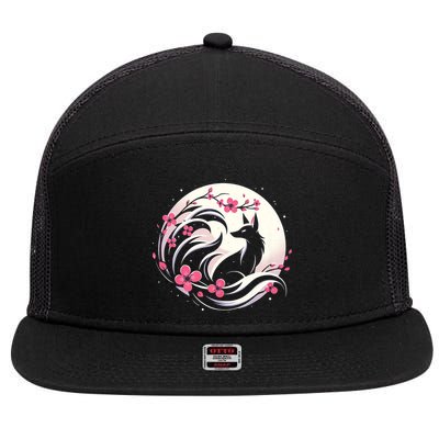 Kitsune Fox Cherry Blossom Flowers Japanese Nine Tailed Fox 7 Panel Mesh Trucker Snapback Hat