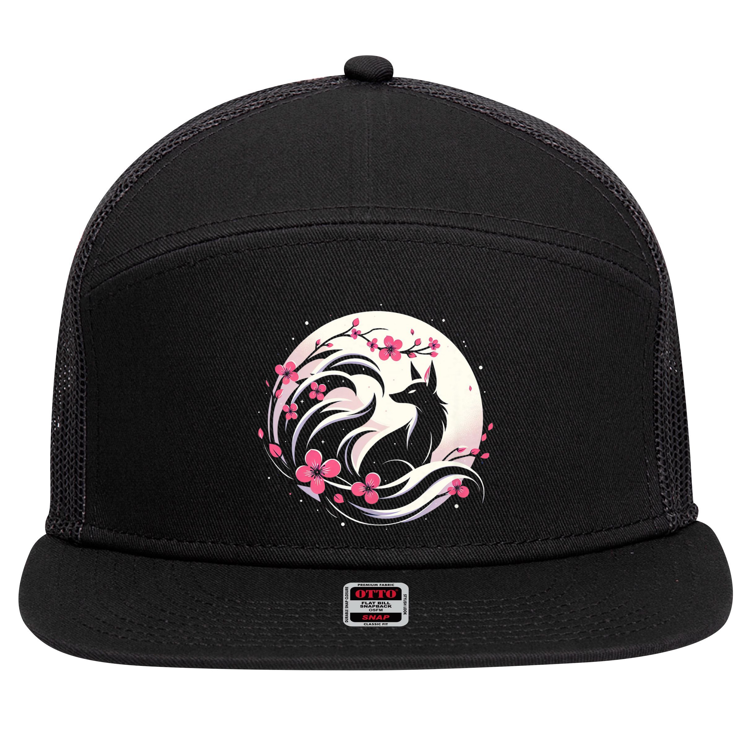 Kitsune Fox Cherry Blossom Flowers Japanese Nine Tailed Fox 7 Panel Mesh Trucker Snapback Hat