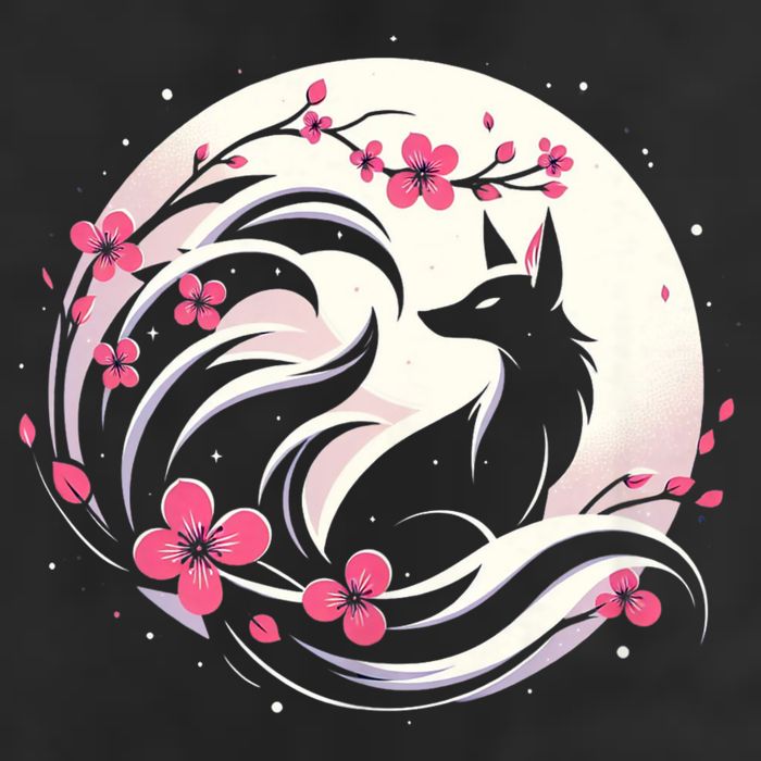 Kitsune Fox Cherry Blossom Flowers Japanese Nine Tailed Fox 7 Panel Mesh Trucker Snapback Hat