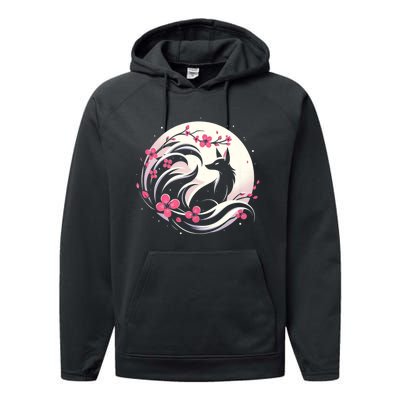 Kitsune Fox Cherry Blossom Flowers Japanese Nine Tailed Fox Performance Fleece Hoodie