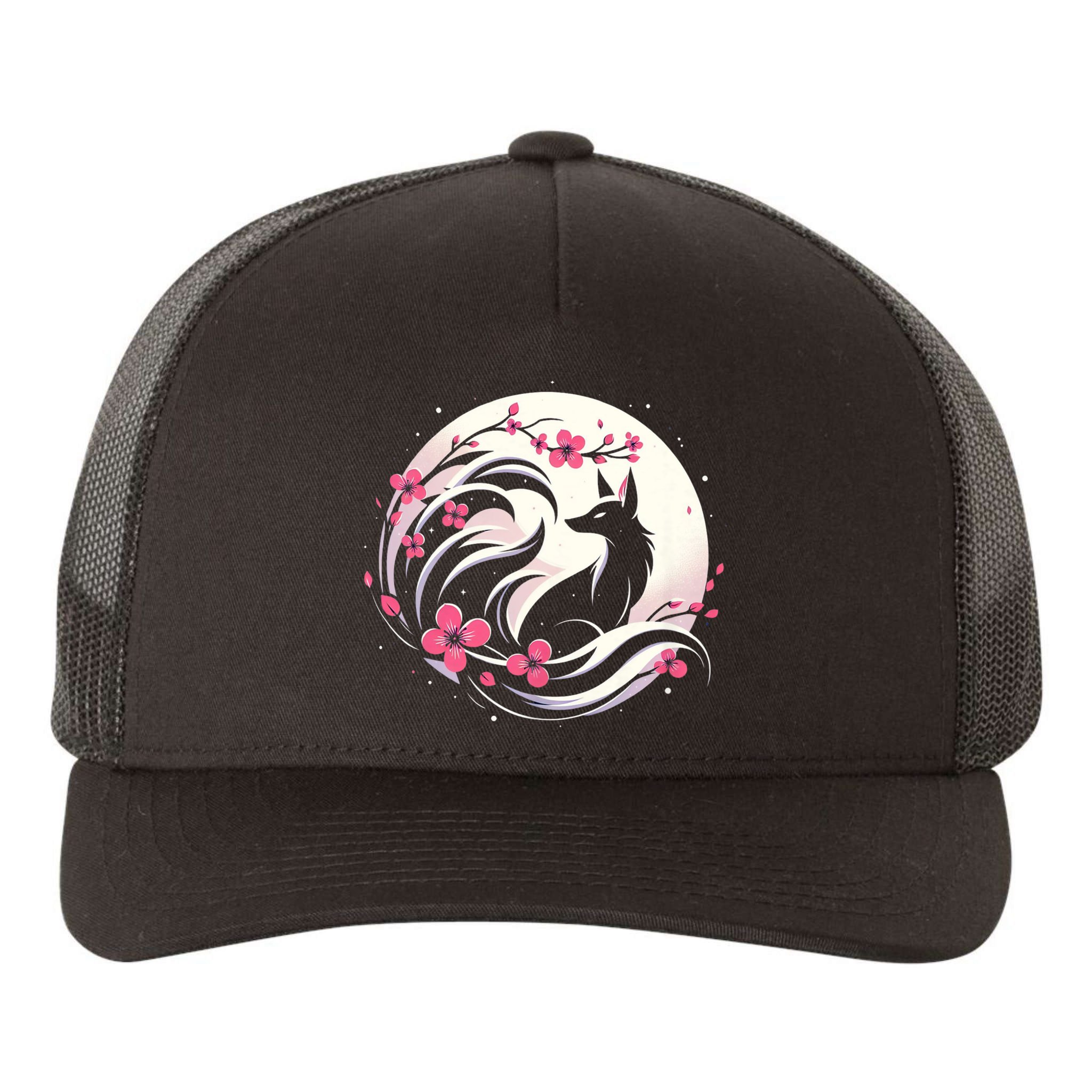 Kitsune Fox Cherry Blossom Flowers Japanese Nine Tailed Fox Yupoong Adult 5-Panel Trucker Hat