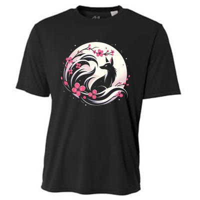 Kitsune Fox Cherry Blossom Flowers Japanese Nine Tailed Fox Cooling Performance Crew T-Shirt