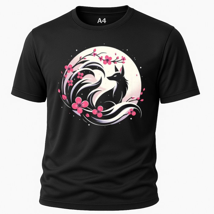 Kitsune Fox Cherry Blossom Flowers Japanese Nine Tailed Fox Cooling Performance Crew T-Shirt