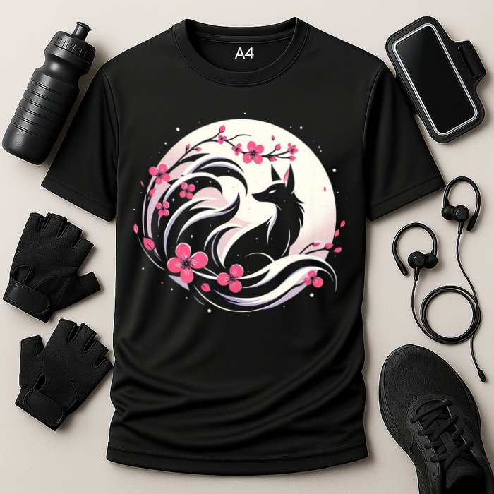 Kitsune Fox Cherry Blossom Flowers Japanese Nine Tailed Fox Cooling Performance Crew T-Shirt