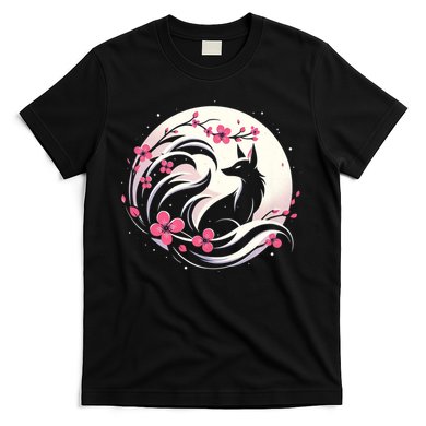 Kitsune Fox Cherry Blossom Flowers Japanese Nine Tailed Fox T-Shirt