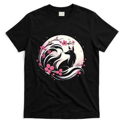 Kitsune Fox Cherry Blossom Flowers Japanese Nine Tailed Fox T-Shirt