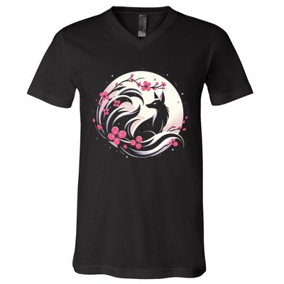 Kitsune Fox Cherry Blossom Flowers Japanese Nine Tailed Fox V-Neck T-Shirt