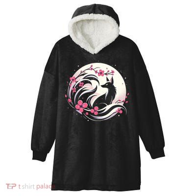 Kitsune Fox Cherry Blossom Flowers Japanese Nine Tailed Fox Hooded Wearable Blanket