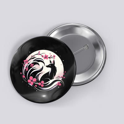 Kitsune Fox Cherry Blossom Flowers Japanese Nine Tailed Fox Button