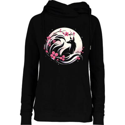 Kitsune Fox Cherry Blossom Flowers Japanese Nine Tailed Fox Womens Funnel Neck Pullover Hood