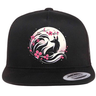 Kitsune Fox Cherry Blossom Flowers Japanese Nine Tailed Fox Flatbill Hat