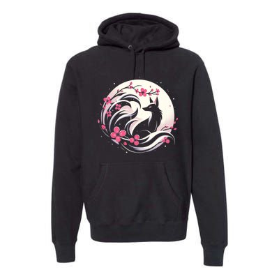 Kitsune Fox Cherry Blossom Flowers Japanese Nine Tailed Fox Premium Hoodie