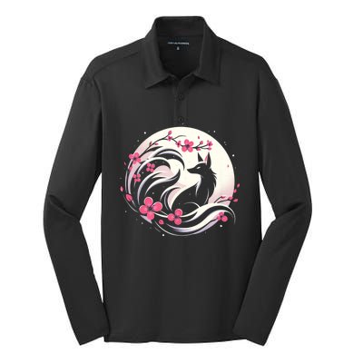 Kitsune Fox Cherry Blossom Flowers Japanese Nine Tailed Fox Silk Touch Performance Long Sleeve Polo