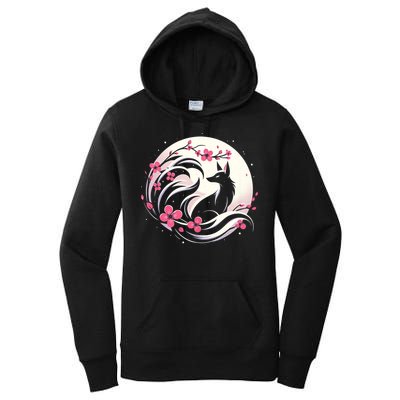 Kitsune Fox Cherry Blossom Flowers Japanese Nine Tailed Fox Women's Pullover Hoodie