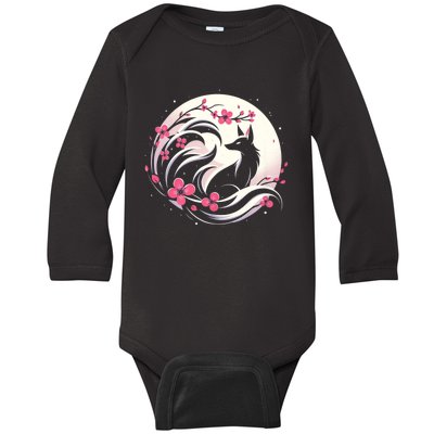 Kitsune Fox Cherry Blossom Flowers Japanese Nine Tailed Fox Baby Long Sleeve Bodysuit