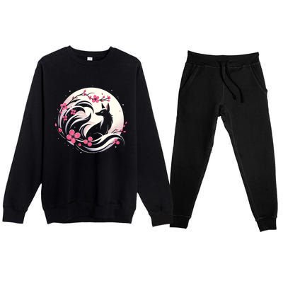 Kitsune Fox Cherry Blossom Flowers Japanese Nine Tailed Fox Premium Crewneck Sweatsuit Set