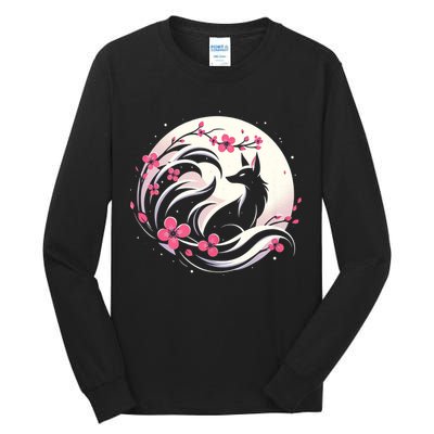 Kitsune Fox Cherry Blossom Flowers Japanese Nine Tailed Fox Tall Long Sleeve T-Shirt