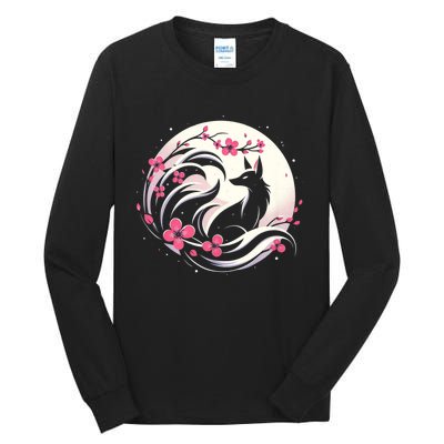 Kitsune Fox Cherry Blossom Flowers Japanese Nine Tailed Fox Tall Long Sleeve T-Shirt