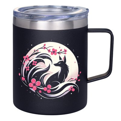 Kitsune Fox Cherry Blossom Flowers Japanese Nine Tailed Fox 12oz Stainless Steel Coffee Mug