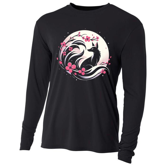 Kitsune Fox Cherry Blossom Flowers Japanese Nine Tailed Fox Cooling Performance Long Sleeve Crew