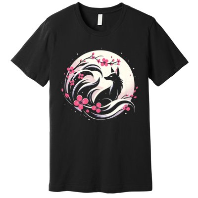 Kitsune Fox Cherry Blossom Flowers Japanese Nine Tailed Fox Premium T-Shirt