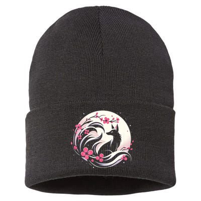 Kitsune Fox Cherry Blossom Flowers Japanese Nine Tailed Fox Sustainable Knit Beanie