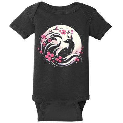 Kitsune Fox Cherry Blossom Flowers Japanese Nine Tailed Fox Baby Bodysuit